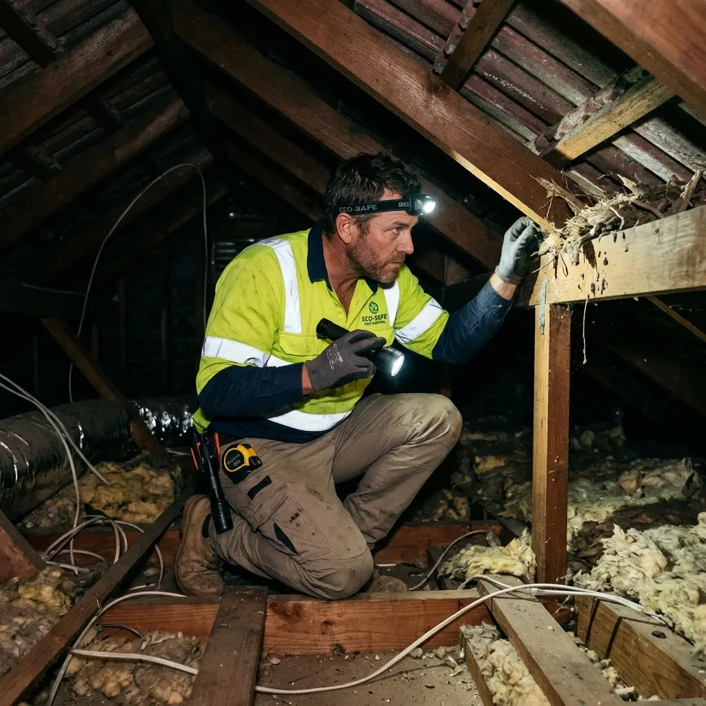 Technician inspecting a roof cavity for a dead animal in Eden Park
